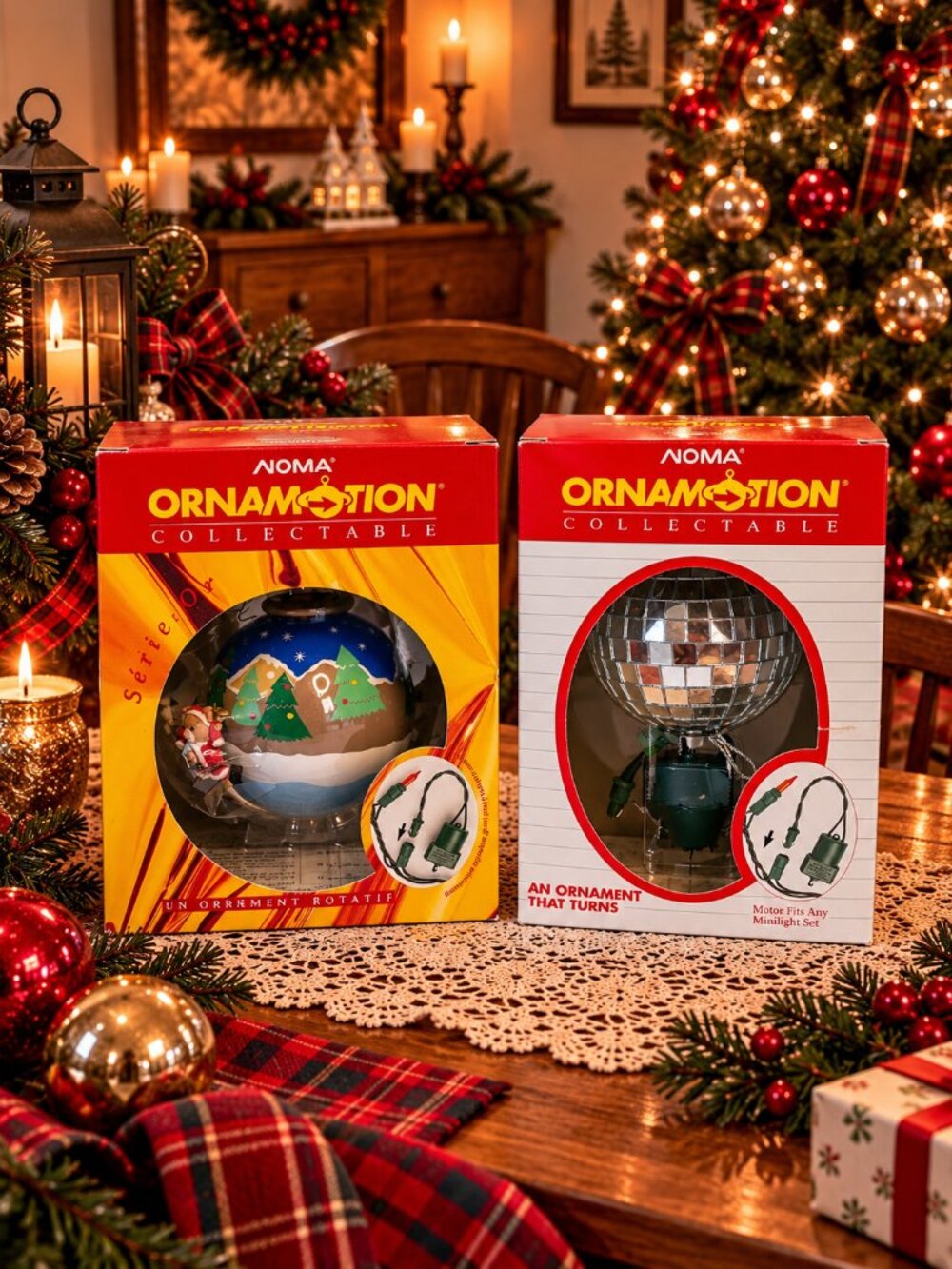 Vintage NOMA Ornamotion Rotating Christmas Ornaments Lot of 2 Boxed